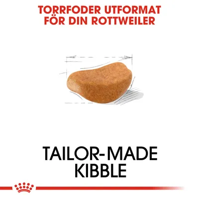 Text: Torrfoder utformat för din Rottweiler. Bild på en torrfoderbit med ritade måttlinjer. Text: Tailor-made kibble.