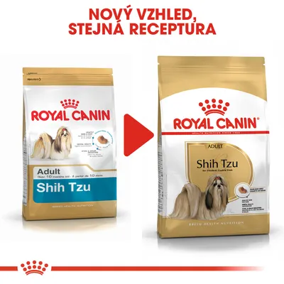 Porovnání starého a nového obalu krmiva Royal Canin Adult Shih Tzu s textem: Nový vzhled, stejná receptura. Oba obaly zobrazují psa Shih Tzu a název produktu.