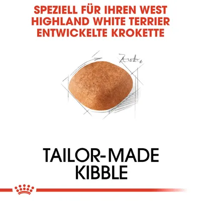 Speziell für West Highland White Terrier entwickelte Krokette. Tailor-made Kibble mit skizzierten Details zur Form und Grösse.