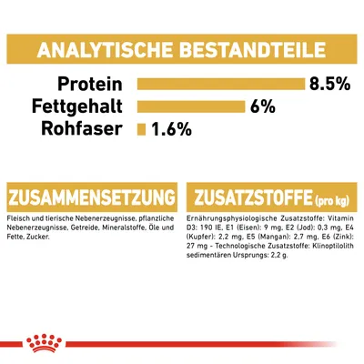 Analytische Bestandteile: Protein 8,5%, Fettgehalt 6%, Rohfaser 1,6%. Zusammensetzung: Fleisch, tierische und pflanzliche Nebenerzeugnisse, Getreide, Mineralstoffe, Öle, Fette, Zucker. Zusatzstoffe pro kg: Vitamin D3 190 IE, Eisen 9 mg, Jod 0,3 mg, Kupfer 2,2 mg, Mangan 2,7 mg, Zink 27 mg, Klinoptilolith sedimentären Ursprungs 2,2 g.