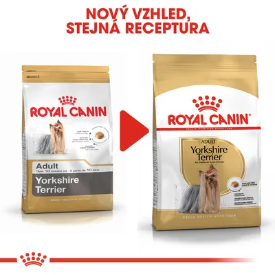 Porovnání starého a nového obalu krmiva Royal Canin Adult Yorkshire Terrier s textem: Nový vzhled, stejná receptura.