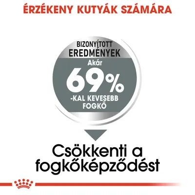Érzékeny kutyák számára. Bizonyított eredmények: akár 69%-kal kevesebb fogkő. Csökkenti a fogkőképződést.