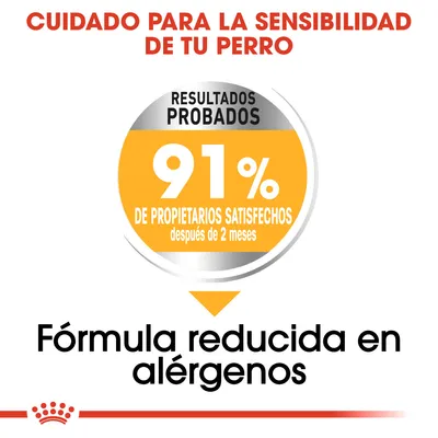 Cuidado para la sensibilidad de tu perro. Resultados probados: 91 % de propietarios satisfechos después de 2 meses. Fórmula reducida en alérgenos.