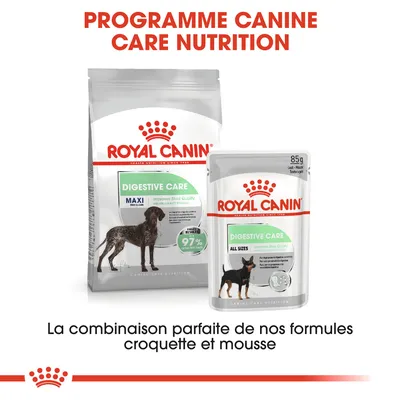 Royal Canin Digestive Care croquettes MAXI et sachet mousse ALL SIZES, programme Canine Care Nutrition, 85 g. Texte : La combinaison parfaite de nos formules croquette et mousse.