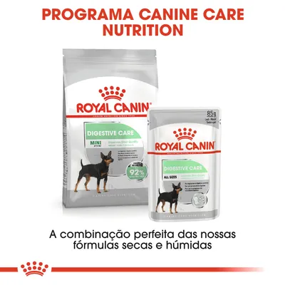 Royal Canin Digestive Care: embalagem de ração seca Mini e saqueta húmida All Sizes, texto visível 'Improve Stool Quality', 92% indicado num círculo. Peso da saqueta: 85 g.