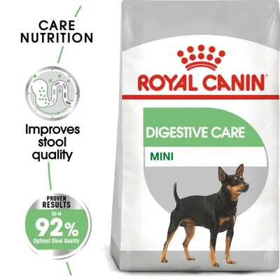 Συσκευασία Royal Canin Digestive Care Mini με εικόνα μικρού σκύλου. Κείμενο: Improves stool quality, Proven results up to 92% optimal stool quality.