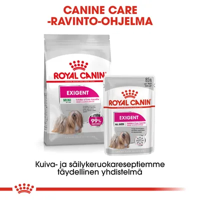 Royal Canin Exigent Mini -kuivaruoka ja Exigent All Sizes -säilykeruoka koirille, teksti: Canine Care -ravinto-ohjelma. Kuiva- ja säilykeruokareseptiemme täydellinen yhdistelmä.