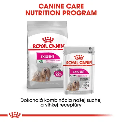 ROYAL CANIN EXIGENT MINI suché krmivo a EXIGENT ALL SIZES vlhké krmivo pre psov, 85 g. Text: Dokonalá kombinácia našej suchej a vlhkej receptúry.