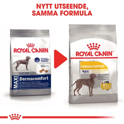 Royal Canin Dermacomfort Maxi hundfoder, bild på gammal och ny förpackning. Text: Nytt utseende, samma formula. Synliga märkningar: Reduced Allergen Formula, 91 % nöjda hundägare.