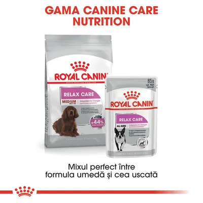 Pachet și plic Royal Canin Relax Care pentru câini, text vizibil: Gama Canine Care Nutrition, Relax Care Medium, Relax Care All Sizes, 85g, +44% normal behaviour, mix umed și uscat.