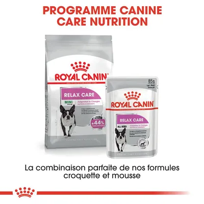 Royal Canin Relax Care croquettes MINI et sachet mousse ALL SIZES, adaptation aux changements, +44 % comportement normal, 85 g. Programme Canine Care Nutrition visible.