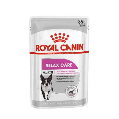 Royal Canin Relax Care All Sizes -koiran märkäruoka, 85 g annospussi. Pakkauksessa koiran kuva ja teksti: Adaptation to changes.