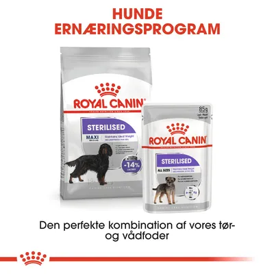 Royal Canin Sterilised tørfoder MAXI og vådfoder ALL SIZES til hunde. Tekst: Hunde ernæringsprogram. Den perfekte kombination af vores tør- og vådfoder.
