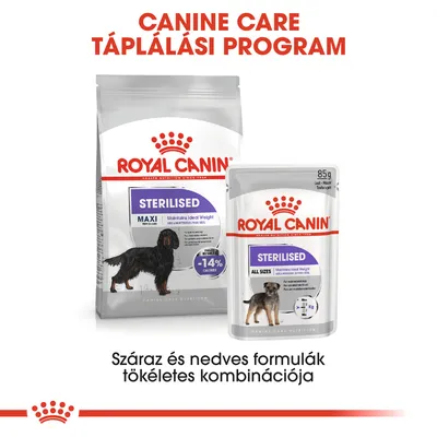 Royal Canin Sterilised Maxi száraz táp és Sterilised All Sizes nedves eledel csomagolás, felirat: Száraz és nedves formulák tökéletes kombinációja