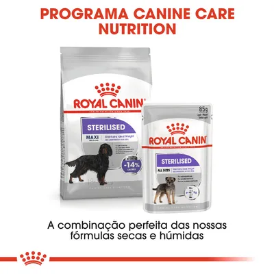 Royal Canin Sterilised Maxi ração seca e Royal Canin Sterilised All Sizes alimento húmido para cães. Texto: Programa Canine Care Nutrition. A combinação perfeita das nossas fórmulas secas e húmidas.