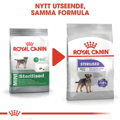 Royal Canin Mini Sterilised hundfoder, bild på gammal och ny förpackning. Text: Nytt utseende, samma formula. Synlig märkning: -14 % calories, Maintains Ideal Weight.