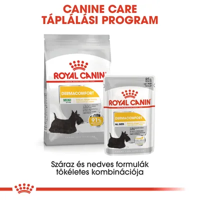 ROYAL CANIN Dermacomfort MINI száraz és ALL SIZES nedves kutyaeledel csomagolás, 91% elégedettségi arány, szöveg: Száraz és nedves formulák tökéletes kombinációja