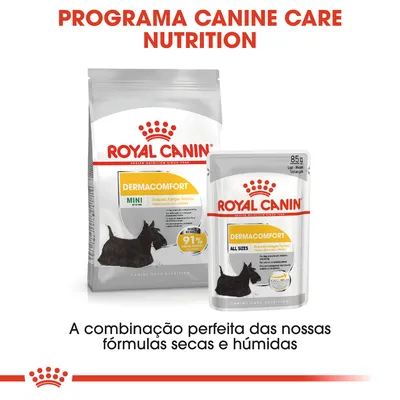 ROYAL CANIN Dermacomfort MINI e ALL SIZES, fórmulas secas e húmidas para cães. Texto: Programa Canine Care Nutrition. 91 % de donos satisfeitos. Embalagem de 85 g visível.