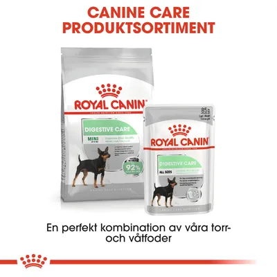Royal Canin Digestive Care torrfoder och våtfoder för hund, text: CANINE CARE PRODUKTSORTIMENT, 92 % synlig på förpackning, vikt 85 g på våtfoderpåse.