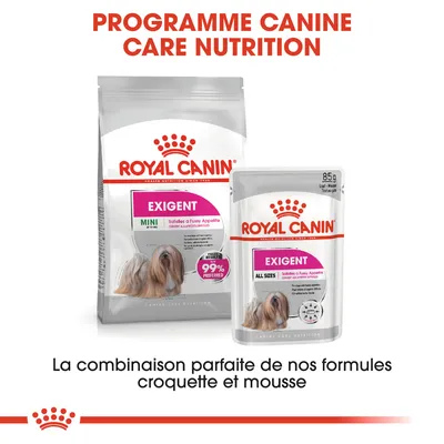 ROYAL CANIN EXIGENT MINI croquettes et EXIGENT ALL SIZES mousse pour chien, sachet 85 g, texte : La combinaison parfaite de nos formules croquette et mousse.