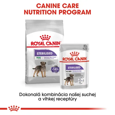 Royal Canin Sterilised MINI suché krmivo a Sterilised ALL SIZES kapsička pre psy, kombinácia suchej a vlhkej receptúry. Text v angličtine: CANINE CARE NUTRITION PROGRAM.