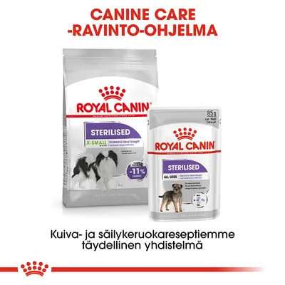 Royal Canin Sterilised X-Small -kuivaruoka ja Sterilised All Sizes 85 g säilykeruoka koirille. Teksti: CANINE CARE -RAVINTO-OHJELMA. Kuiva- ja säilykeruokareseptiemme täydellinen yhdistelmä.