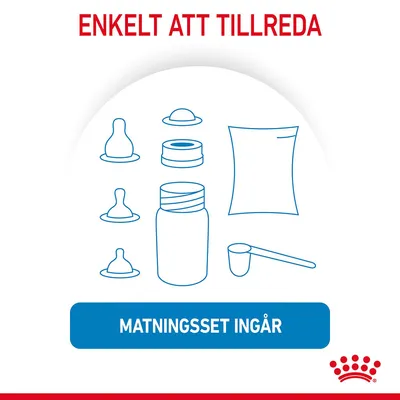 Text: Enkelt att tillreda. Illustration av matningsset med nappflaska, flera nappar, skopa och påse. Text: Matningsset ingår.