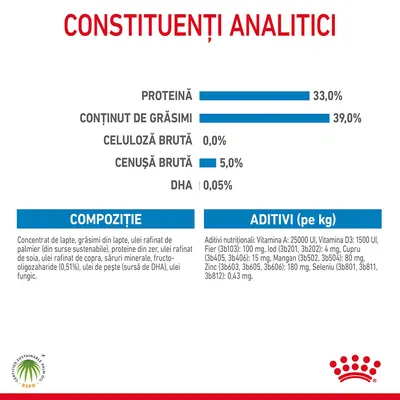 Constituenți analitici: proteină 33 %, grăsimi 39 %, celuloză brută 0 %, cenușă brută 5 %, DHA 0,05 %. Compoziție și aditivi nutriționali enumerați detaliat în imagine. Constituenți analitici: proteină 33 %, grăsimi 39 %, celuloză brută 0 %, cenușă brută 5 %, DHA 0,05 %. Compoziție și aditivi nutriționali enumerați detaliat în imagine.