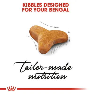 Kibbles designed for Bengal cats with tailor-made nutrition, showing a specially shaped kibble and text highlighting its customised nutritional benefits.