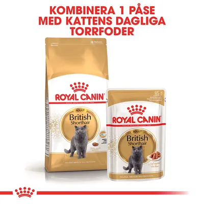 ROYAL CANIN ADULT British Shorthair torrfoder och våtfoder 85 g. Text: Kombinera 1 påse med kattens dagliga torrfoder.