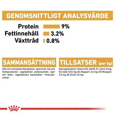 Genomsnittligt analysvärde: protein 9 %, fettinnehåll 3,2 %, växttråd 0,8 %. Sammansättning: kött och animaliska biprodukter, spannmål, fisk, vegetabiliskt proteinextrakt m.m. Tillsatser per kg anges.