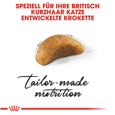 Texte en haut : 'SPEZIELL FÜR IHRE BRITISCH KURZHAAR KATZE ENTWICKELTE KROKETTE'. Croquette illustrée. Texte en bas : 'tailor-made nutrition'.