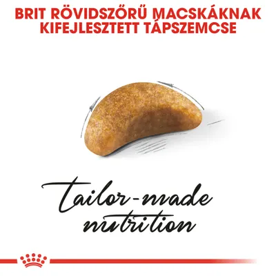 Brit rövidszőrű macskáknak kifejlesztett tápszemcse. Tailor-made nutrition felirat látható az angol nyelvű szövegrészben.