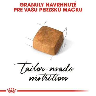 Granuly navrhnuté pre vašu perzskú mačku. Text v angličtine: tailor-made nutrition. Zobrazená jedna granula krmiva.