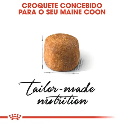 Croquete concebido para o seu Maine Coon. Texto em inglês: tailor-made nutrition. Croquete de ração castanho apresentado com linhas de dimensão.