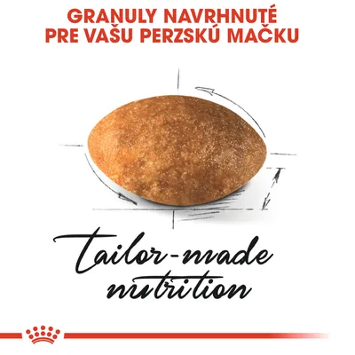 Granuly navrhnuté pre vašu perzskú mačku. Text: tailor-made nutrition. Zobrazená jedna granula krmiva.