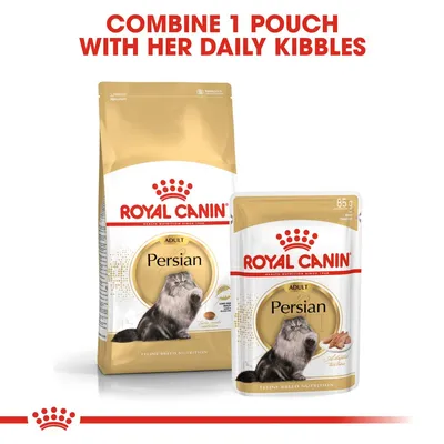 ROYAL CANIN Adult Persian dry food bag and 85g wet food pouch. Text: Combine 1 pouch with her daily kibbles.