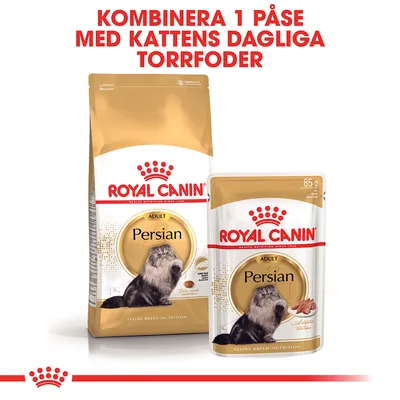 Royal Canin Persian Adult torrfoderpåse och våtfoderpåse 85 g. Text: Kombinera 1 påse med kattens dagliga torrfoder.