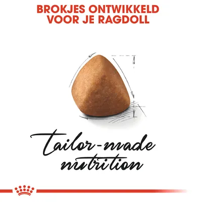 Brokjes ontwikkeld voor je Ragdoll. Tekst: tailor-made nutrition. Afbeelding van een brokje met schetslijnen eromheen.