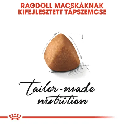 Ragdoll macskáknak kifejlesztett tápszemcse. tailor-made nutrition felirat, egy háromszög alakú tápszemcse rajzzal.