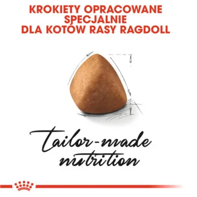 Krokiety opracowane specjalnie dla kotów rasy Ragdoll. Widoczny pojedynczy krokiet oraz tekst: tailor-made nutrition.
