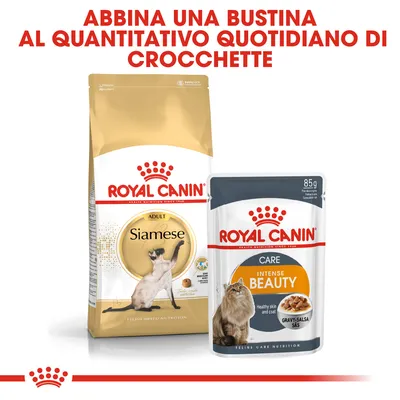 Royal Canin Adult Siamese crocchette e Royal Canin Care Intense Beauty bustina 85 g. Testo: Abbina una bustina al quantitativo quotidiano di crocchette.