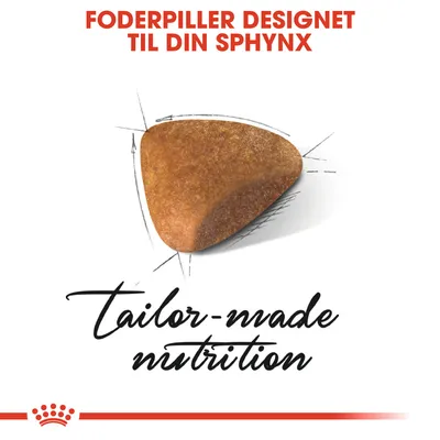 Foderpiller designet til din Sphynx. tailor-made nutrition. Billede af en trekantet foderpille med skitserede linjer omkring.