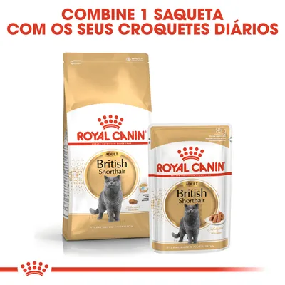 ROYAL CANIN British Shorthair Adult. Embalagem de ração seca e saqueta de alimento húmido para gatos. Texto: Combine 1 saqueta com os seus croquetes diários.