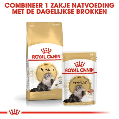 Royal Canin Persian Adult droog- en natvoer, tekst: Combineer 1 zakje natvoeding met de dagelijkse brokken. Verpakking toont kat en productnaam.