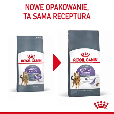 Nowe opakowanie karmy Royal Canin Appetite Control dla kotów, ta sama receptura. Widoczne dwa różne opakowania produktu z napisem 'APPETITE CONTROL'.