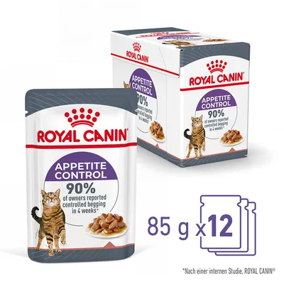 Royal Canin Appetite Control, 85 g x 12. 90 % af ejerne rapporterede kontrolleret tiggen efter 4 uger. Ifølge en intern undersøgelse fra Royal Canin.