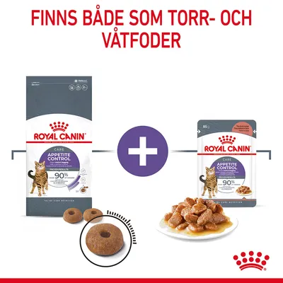 Royal Canin Appetite Control kattmat, finns som torrfoder och våtfoder. Bild på förpackningar och exempel på foderbitar samt våtfoder i sås. Text: FINNS BÅDE SOM TORR- OCH VÅTFODER.