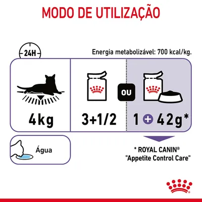 Modo de utilização: gato 4 kg, 3+1/2 saquetas ou 1 saqueta + 42 g de ração Royal Canin Appetite Control Care. Energia metabolizável: 700 kcal/kg. Água disponível.