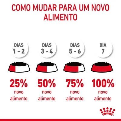 Como mudar para um novo alimento: dias 1–2, 25 % novo alimento; dias 3–4, 50 %; dias 5–6, 75 %; dia 7, 100 % novo alimento. Instruções visuais com taças de comida.